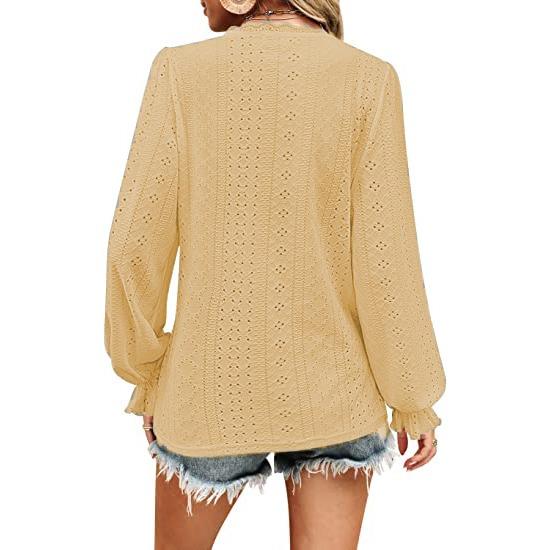 GMXIA Women's V-neck T-shirt Autumn Hollow Casual Pleated Sleeve Top Shirt