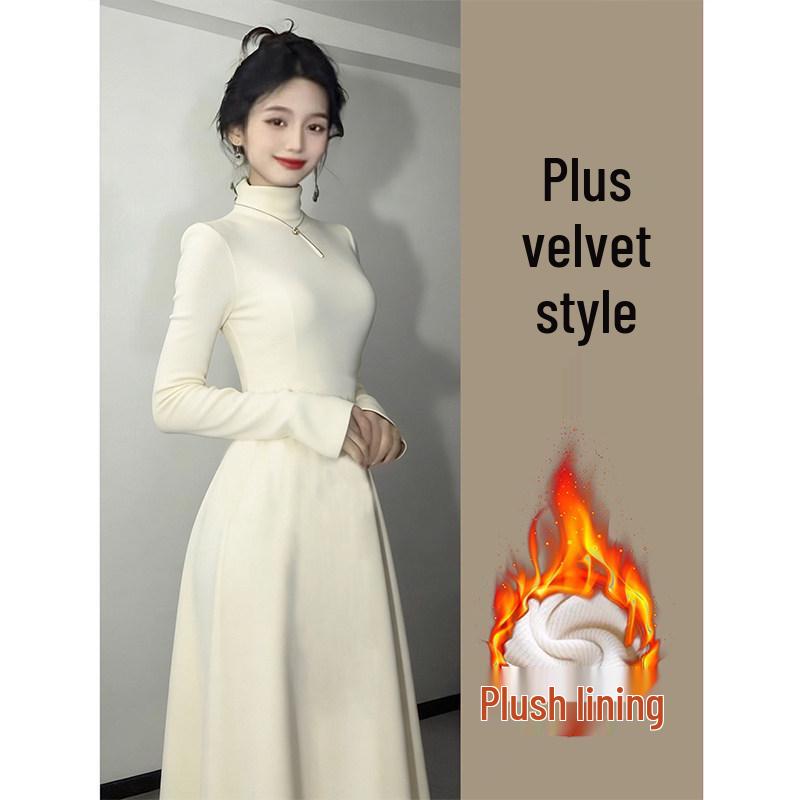 

Winter White Fleece-Lined Knit Dress for Women - Slim Fit, High Neck, Perfect for Autumn/Winter Layering, New Year Style. S