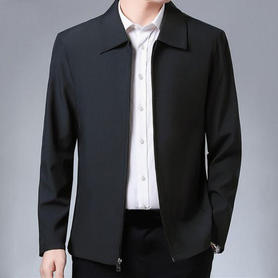 Men Jacket Lapel Long Sleeve Zipper Placket Middle-aged Coat with Side Pockets Solid Color Casual Jacket Outwear