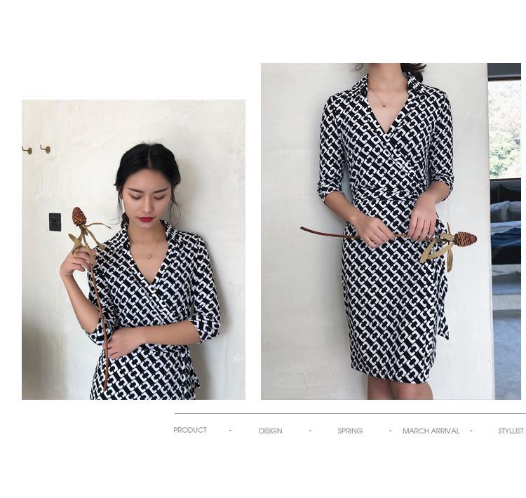 Women's Stand Collar High Waist Wrap Dress - Black & White, 3/4 Sleeve for Summer/Autumn