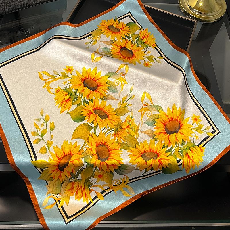 

TOP Novelty 100% Silk Women Scarf Gaudy Sunflower Small Square Scarf Hair Neck Scarf Lady Headscarf Vintage Ladies Shawls 53CMX53CM