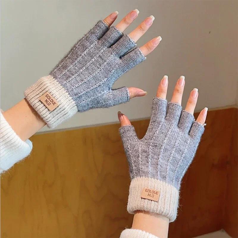 Winter Fingerless Gloves for Men Half Finger Writting Office Knitted Thick Wool Warm Label Thick Elastic Outdoor Driving Gloves