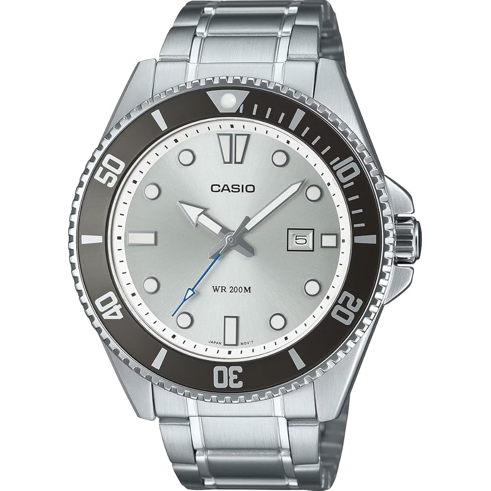 

Casio Standard Analog Sports Watch 20 ATM Water Resistant Silver Dial Metal Band Men s Model
