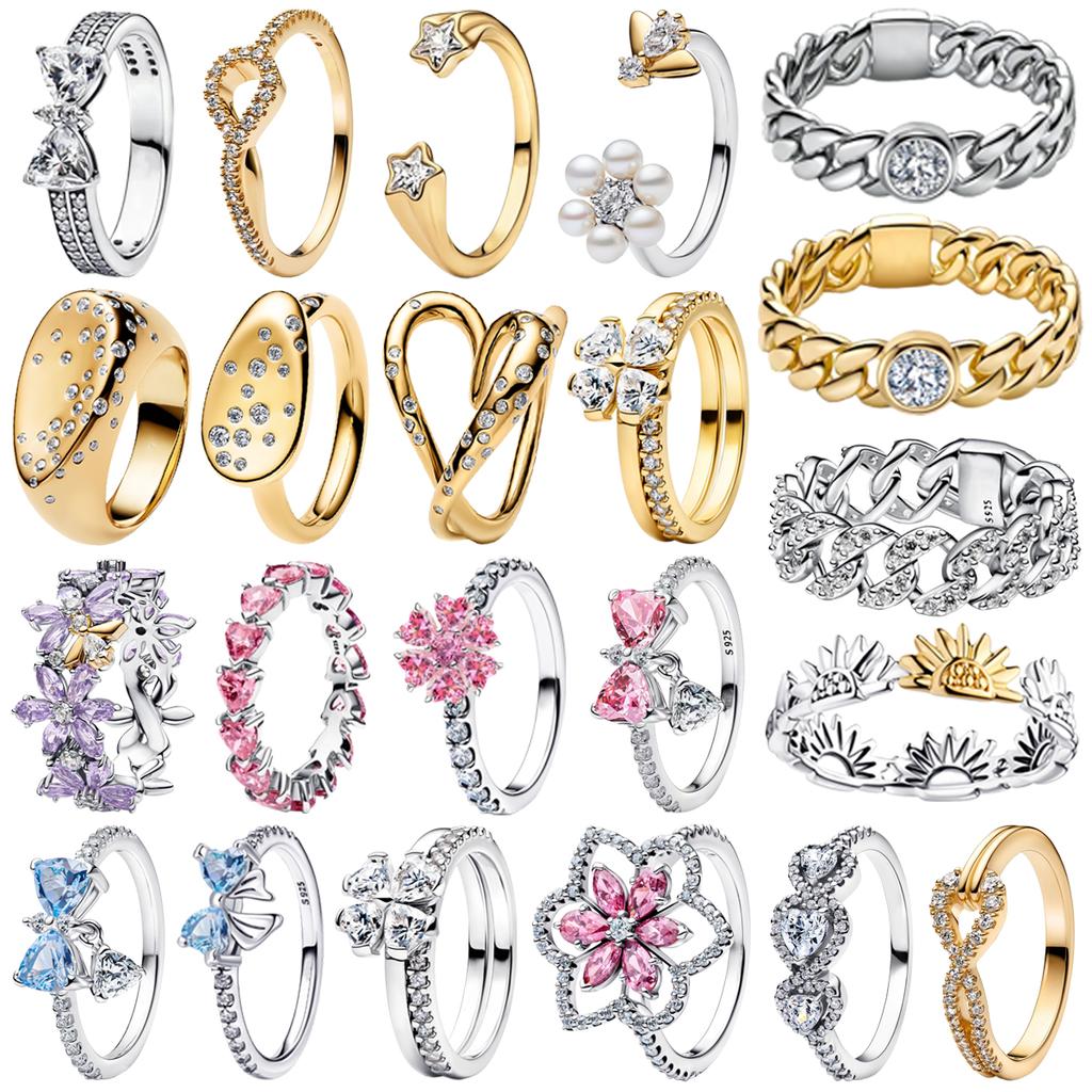 Luxury Original 925 Silver Heart Bow Pearl Flower Four Leaf Clover Ring fit Women's Fine Jewelry Valentine's Day Gifts