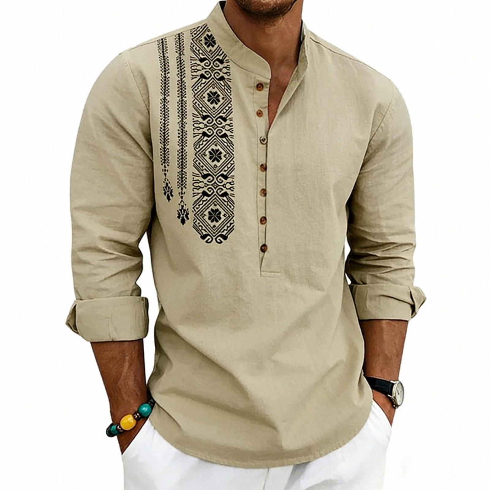 Men s Button-down Collared Linen Long-sleeved T-shirt, Ethnic , European-American Button-down Shirt S