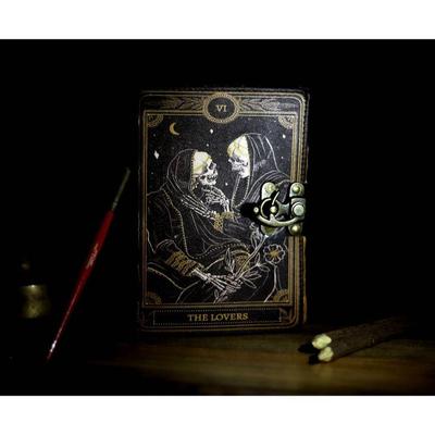 Leather Journal Deckle Edge Paper Grimoire Printed Journal The Lovers Tarot Notebook Spiral Gothic Notebook Book of Spell Skull Lover Diary