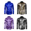 Men Shirt Club Dance Shirt Shiny Sequin Lapel Single-breasted Slim Fit Colorful Stripe Glossy Long Sleeve Performance Men Top