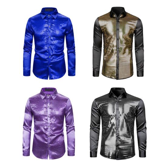 Men Shirt Club Dance Shirt Shiny Sequin Lapel Single-breasted Slim Fit Colorful Stripe Glossy Long Sleeve Performance Men Top