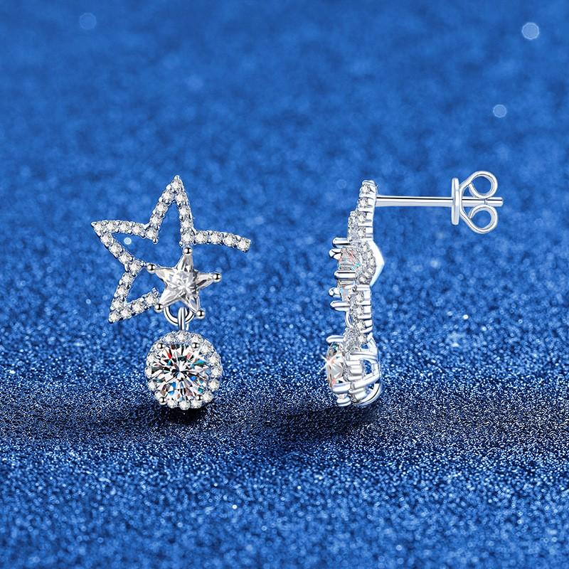 Sterling Hollow Star Stud Earrings With Moissanite Zircon Full Pave Women Daily Wear