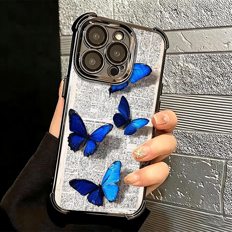 Blue Butterfly Aesthetics Plating Phone Case For Iphone 16 17 Pro Max Air 16E 14 15 Plus 12 13 Mini Anti-Fall Airabag Cover