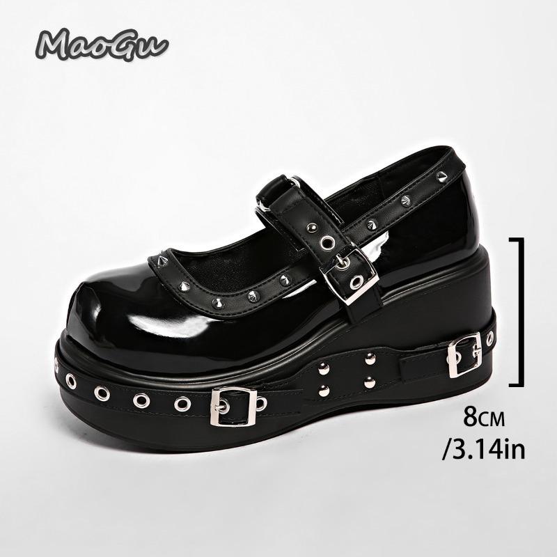 Large Size 35-42 Punk Women'S Mary Janes Black Pu Buckle Straps Street Style Ladies High Heel Pumps Thick Bottom Platform Shoes