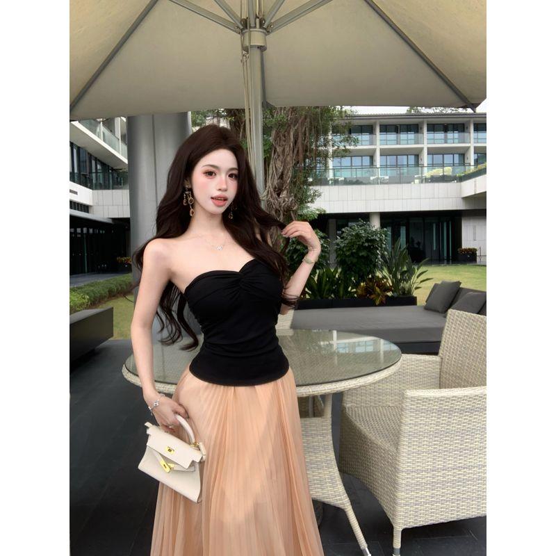 Kumikumi Temperament Sexy Tube Top Sleeveless Vest Women clothes Summer A Word Pleated Skirt Long dress Two-piece Set