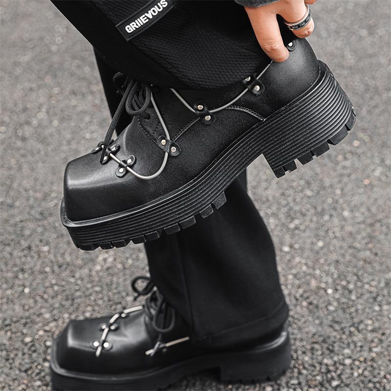 Men's Platform Derby Shoes Square Head Black Mens Business Casual Leather Shoes Retro Designer Patent Leather Men Zapatos Hombre