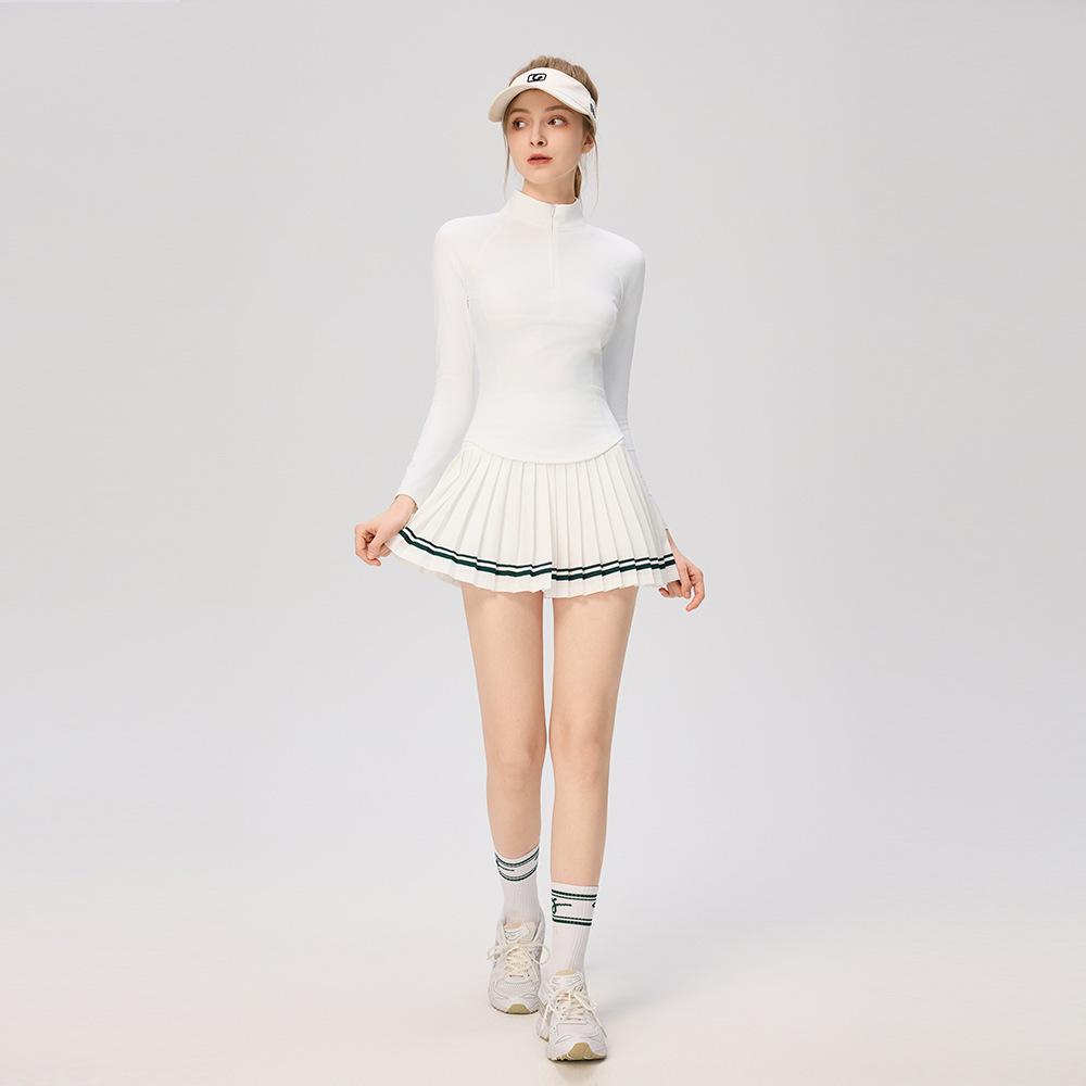 Women's Slim Fit College Style Tennis Set: Long Sleeve Top & Striped Pleated Skirt