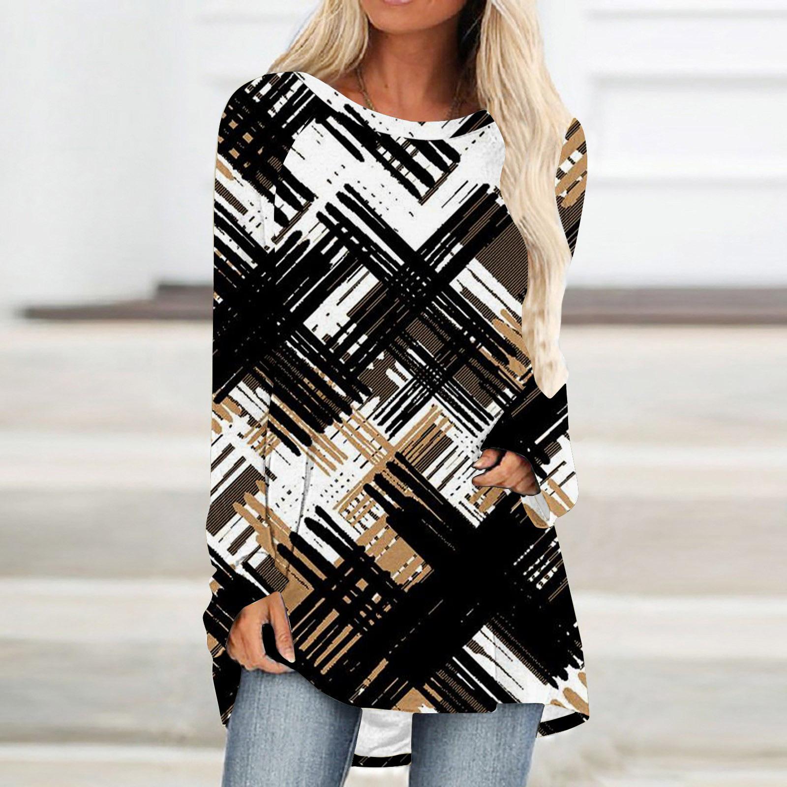 

2024 Юбка с геометрическим квадратным принтом, повседневный стиль, минималистичное платье, летняя новинка для женщин, круглый вырез, длинный рукав, средняя длина 8XL