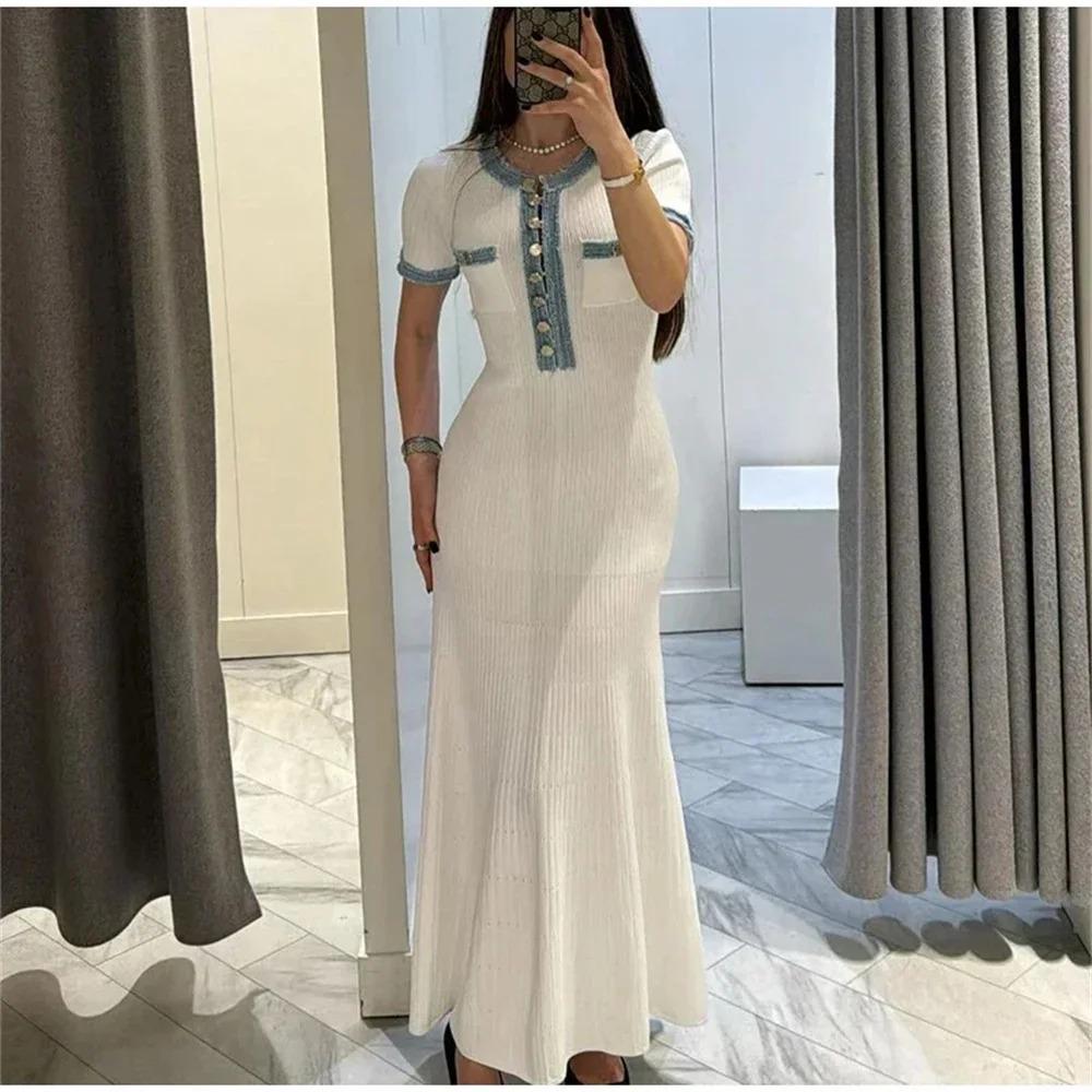 LYRIA Elegant Contrasting Women Knit Maxi Dress Chic O-neck Short Sleeve Metal Buttons Bodycon Dresses Office Lady Commuting Robe
