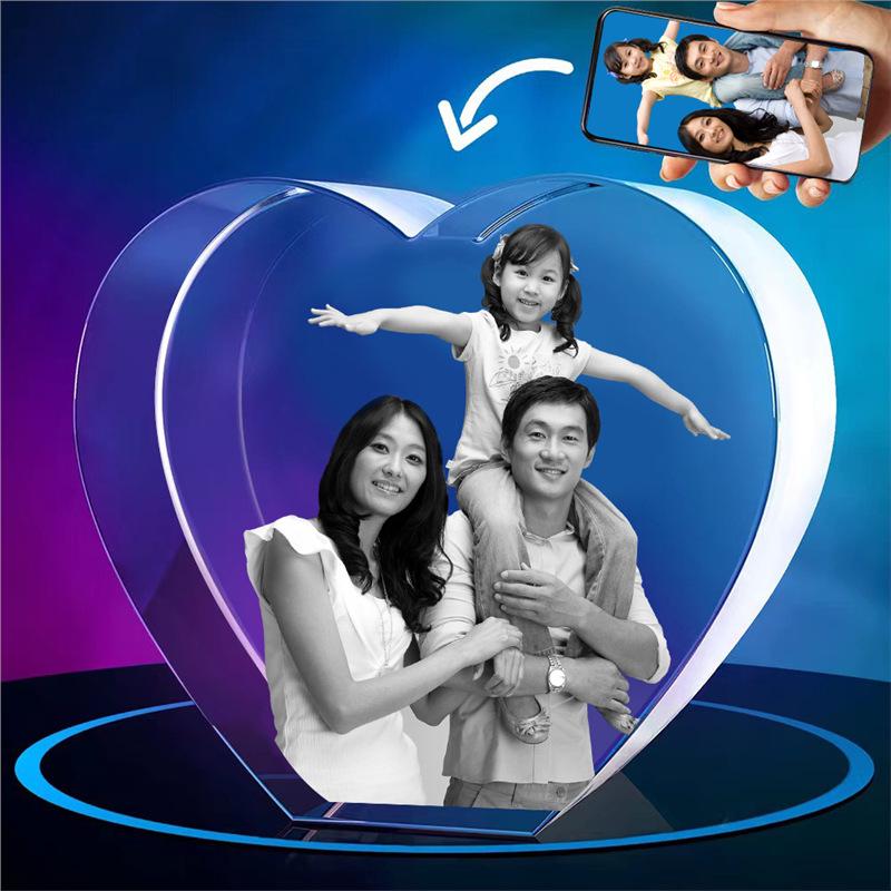 LED Heart-Shaped 3D Crystal Photo Engraving - DIY Laser Engraved White Crystal
