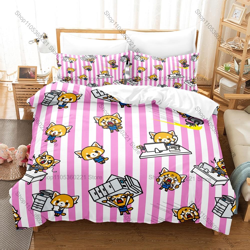 Personality Aggretsuko Anime Bedding Set New Soft Duvet Cover Pillowcases Cute Red Panda Print Bed Set for Kids Adults Bedroom D