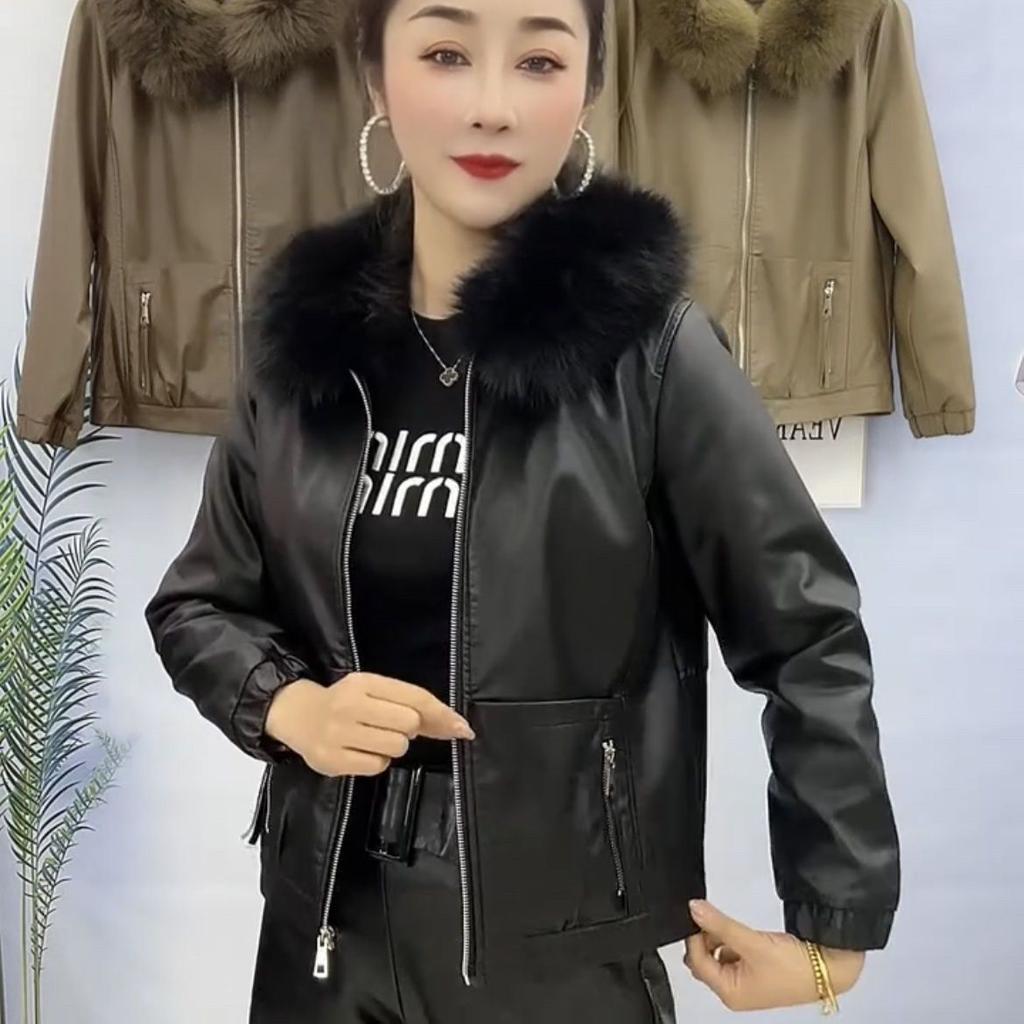 Large Fur Collar Plus Fleece Thick Leather Coat Women Autumn and Winter New Fashion All Match Warm Coat Women Leather Jackets