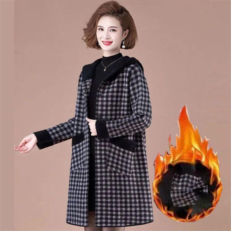 Dámský větrovník Podzimní Hrubý Plyšový Teplý Kabát Korejský Volný S Kapucí Dlouhý Kostkovaný Kabát Dámská Fleecová Bunda