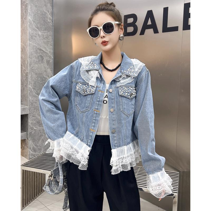 Denim Jacket Women's Western Style Fashion Lace Stitching Short Washed Beaded Jacket Top Small Fragrance