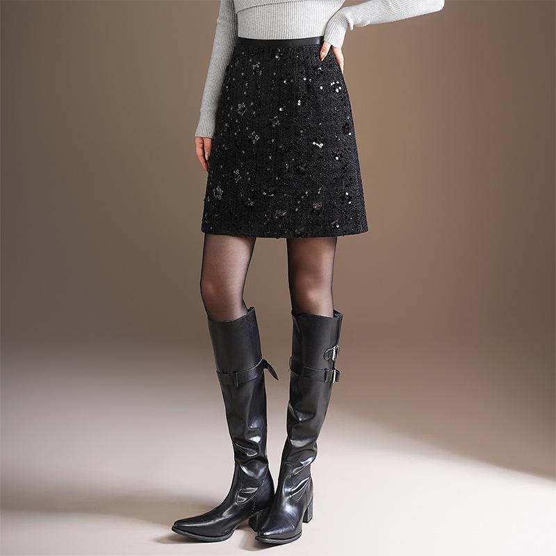 Elegant Coco Style Rhinestone High-Waisted A-Line Skirt - 2025 Autumn/Winter Petite Fashion