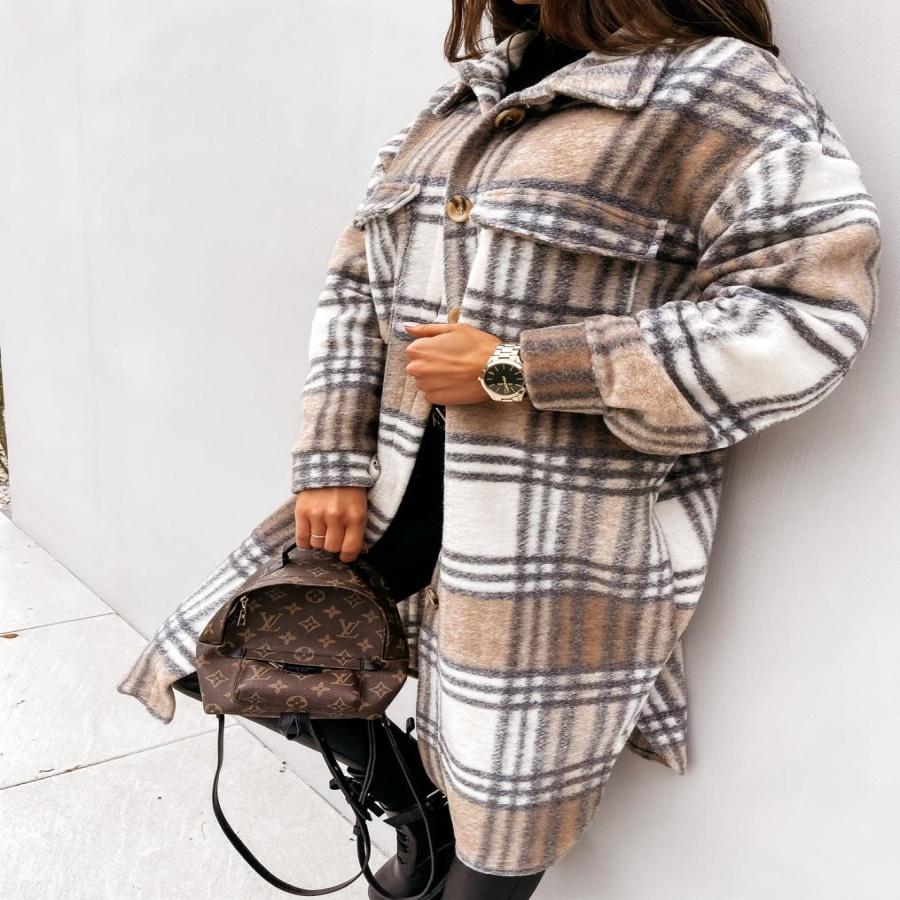 Women Plaid Long Woolen Coat Fashion Long Sleeve Button Lapel Office Ladies Mid-length Coat