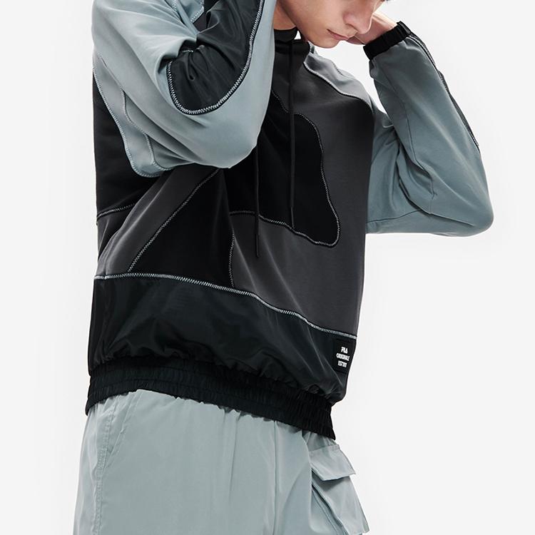 FILA Loose Fit Color Block American Logo Knit Hoodie Men hoodies Black F11M239208F-BK