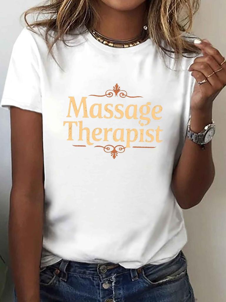 Europäische Größe Massage Therapeut Vintage Stil Druck T-Shirt, kurzärmliges Rundhals lässiges Oberteil für Sommer & Frühling, Damenbekleidung