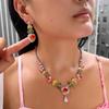 Trendy Rainbow Luxury Necklace Earrings Set Color Zircon Peach Heart Set Chain Dress Wedding Dress Accessories