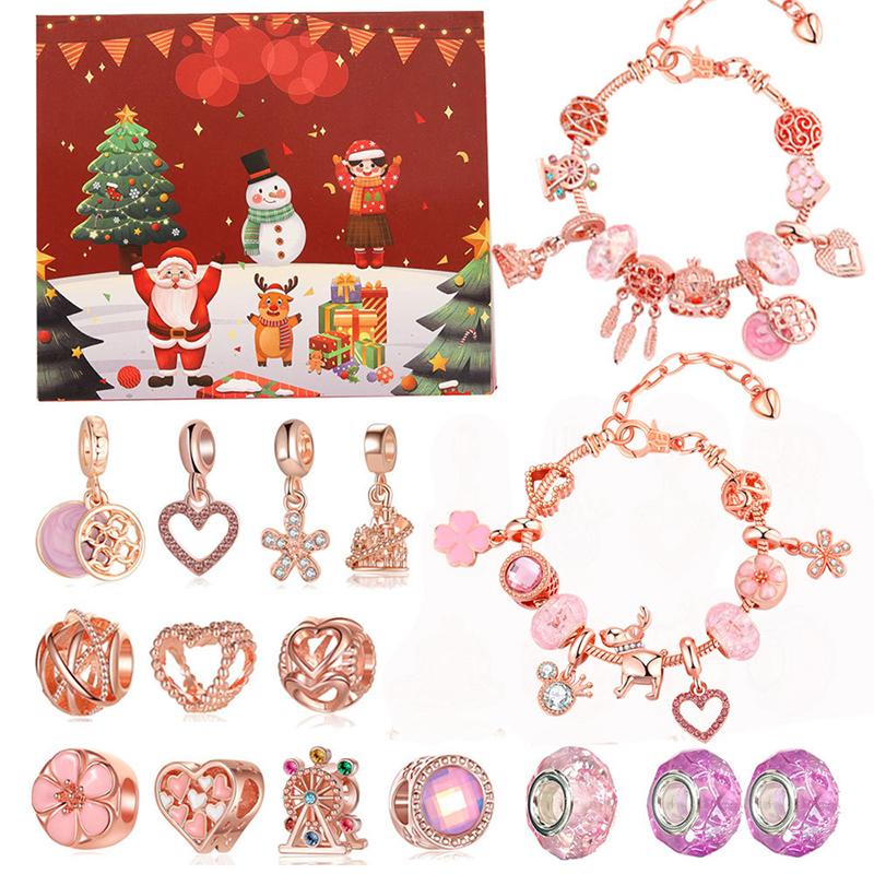 24 Days Xmas Theme Countdown Calendar With 2pcs Diy Charm Bracelets & Necklaces Kits Christmas Surprise For Girls Teens Women
