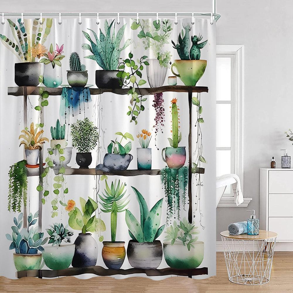Grüne Topfpflanzen Duschvorhänge Cartoon Katzen Hängende Tropische Blätter Dekorationen Für Bad Polyestergewebe Badezimmervorhang