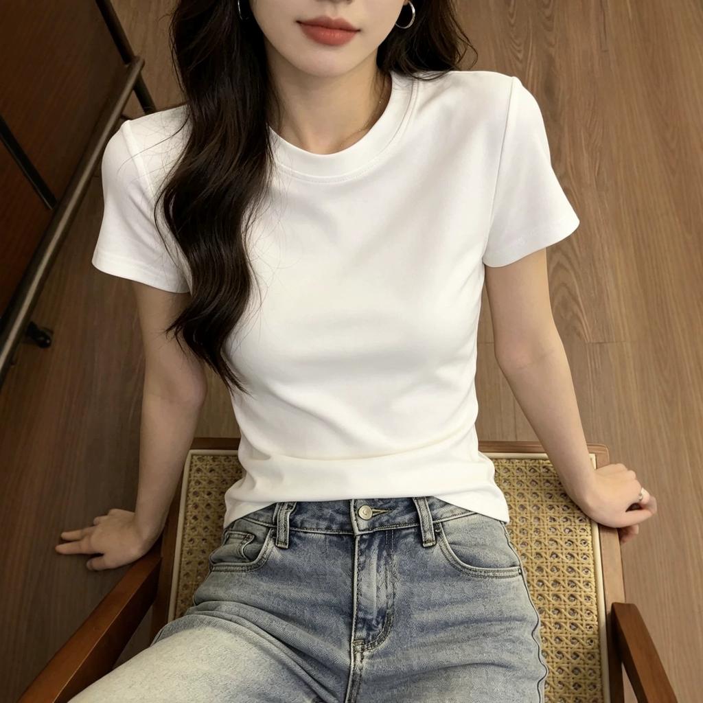 Simple niche design sense pure white round neck short-sleeved T-shirt summer slim and thin versatile casual top women's ins tide