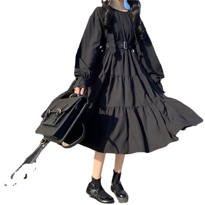 Japanese Sweet Lolita Dress Long-Sleeve Plus-Size High-Waisted Black Midi Dress Tummy-Control Pleated Swing A-line Skirt