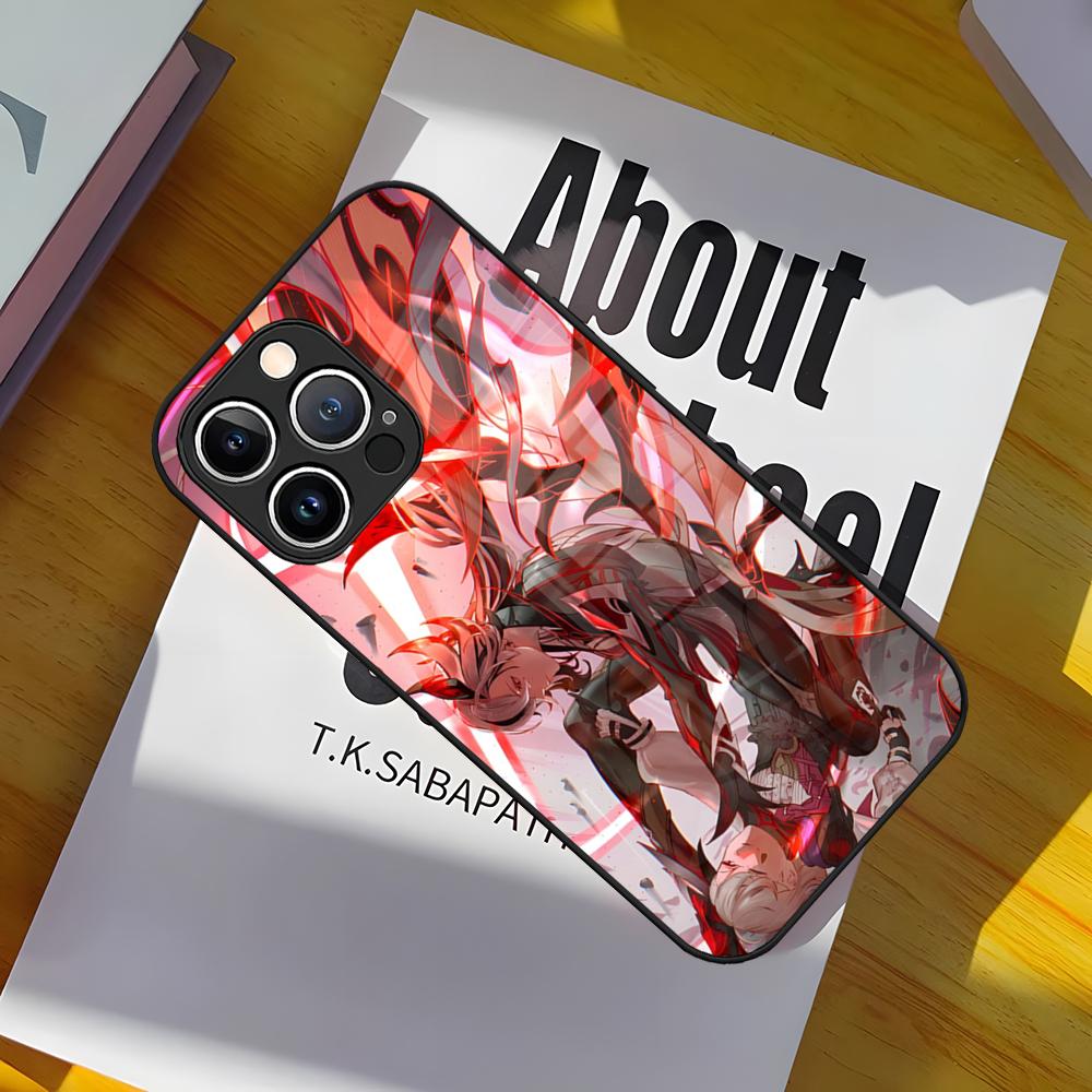 Games Genshin Impact Phone Case Tempered Glass Back Cover for iPhone 15 Pro Max 14 Pro 12 11 13 Mini X XR XS 8 7 Plus SE
