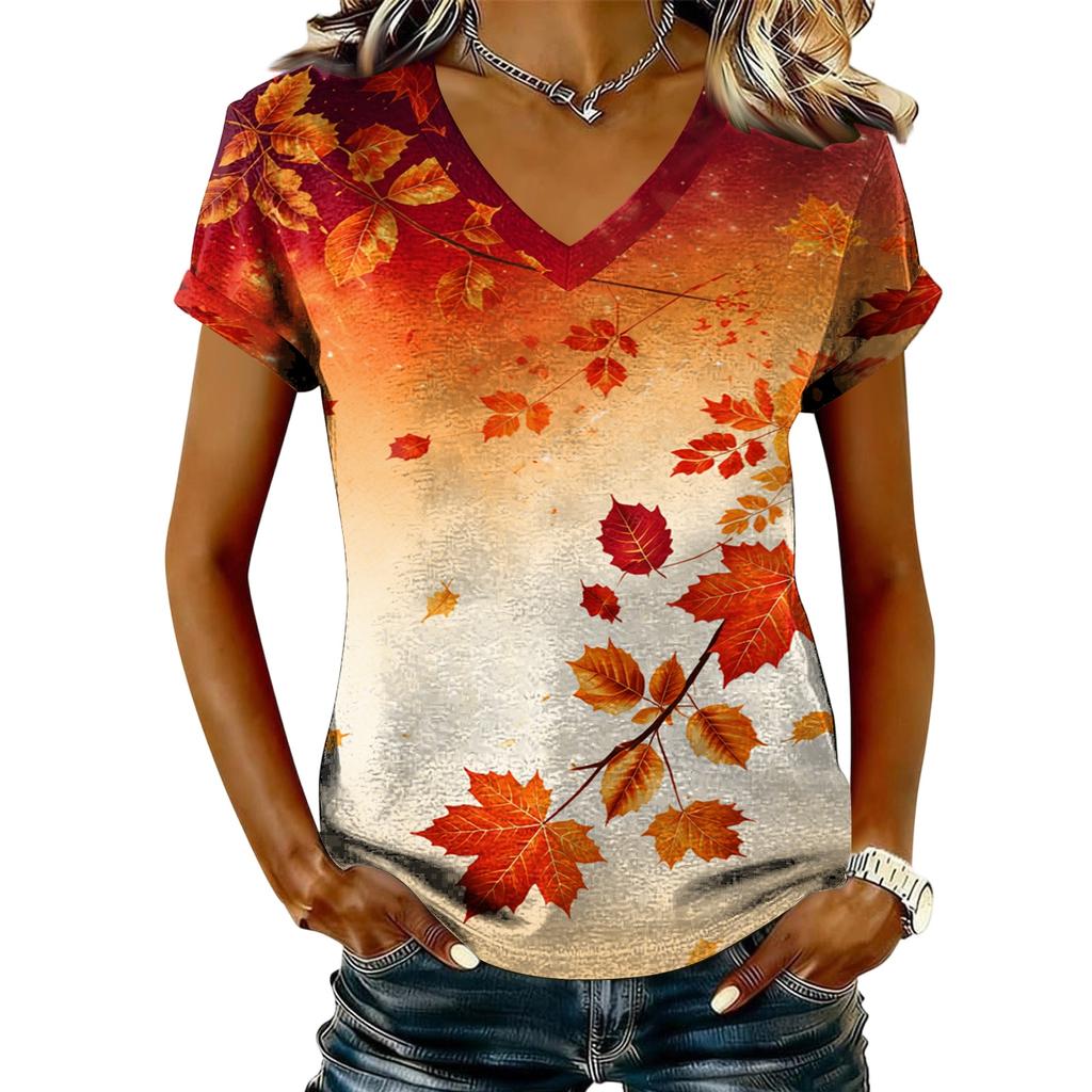 Women's Casual V-Neck Short Sleeve Top with Maple Leaf Print