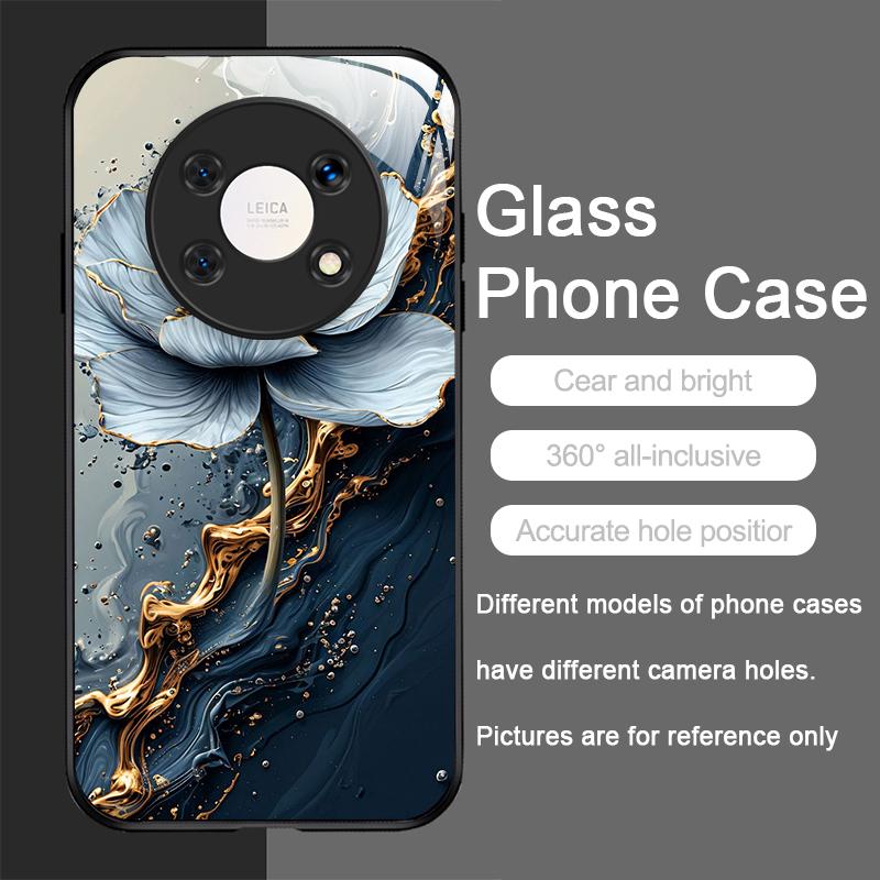 Elegant Lotus Artistic Flower Pattern Tempered Glass Phone Case for Huawei Nova 13 12 SE 11 10 Pro Mate 40 30 P60 P40 5G Covers