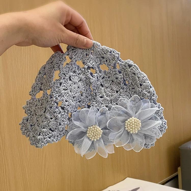 Summer thin hollow pearl flower handknitted headgear female sweet cute niche hat