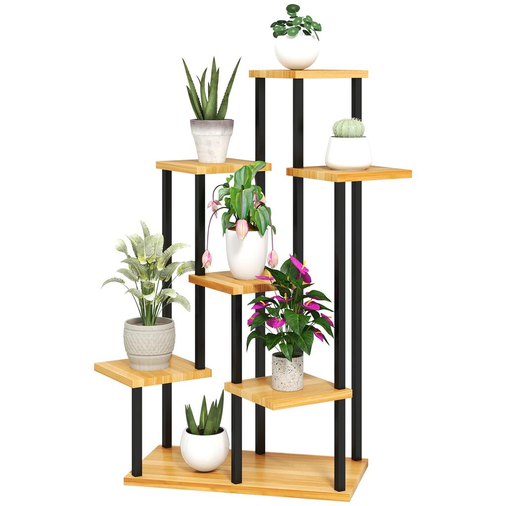 7-Tier Plant Stand for Indoor and Outdoor, Plant Shelf In Steel and Wood, Natural Wood