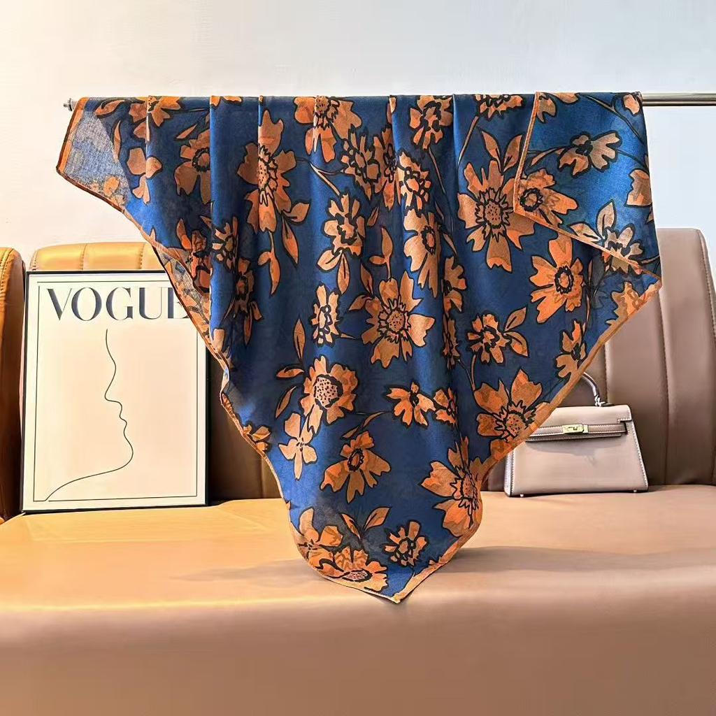 Imitation Velvet Silk Scarf Women'S 90 Square Scarf Double-Sided Heterochrome Splicing Printing Travel Beach Towel Sunscreen Shawl