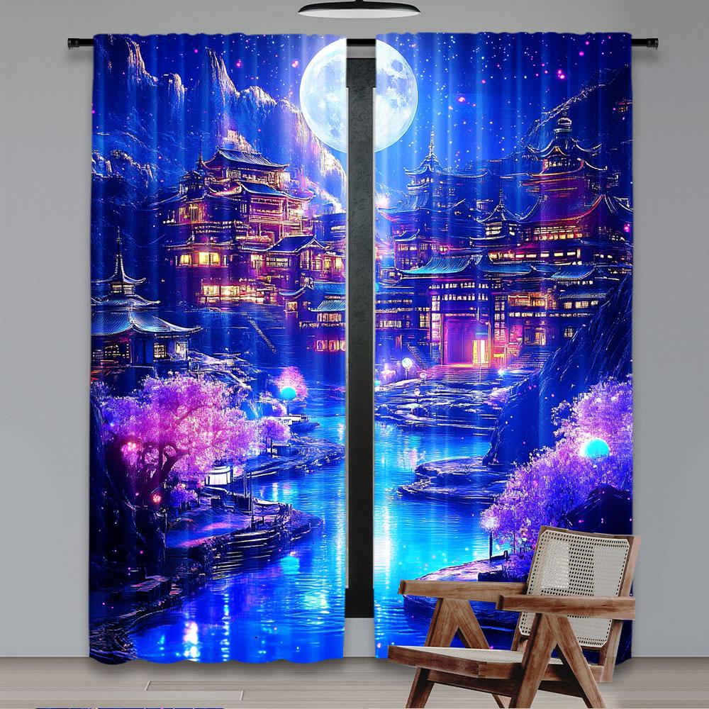 2Pcs Fantasy Landscape Curtain For Bedroom Moonlight Mountain Castle Water Floral Room Decor Nature Aesthetic For Living Room