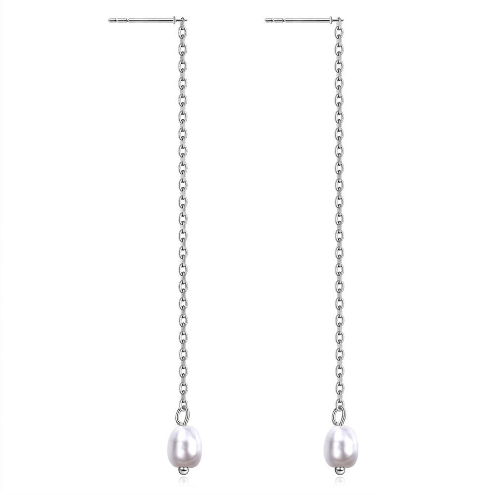 European Pearl Pendant Tassel Earrings, 18K Gold O-Chain Studs