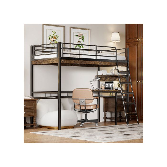 Lit mezzanine - MUVOE - 90x200cm - Noir - Bureau intégré - Étagères de rangement