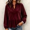 Women's Casual Corduroy V-Neck Ruffle Long Sleeve Top