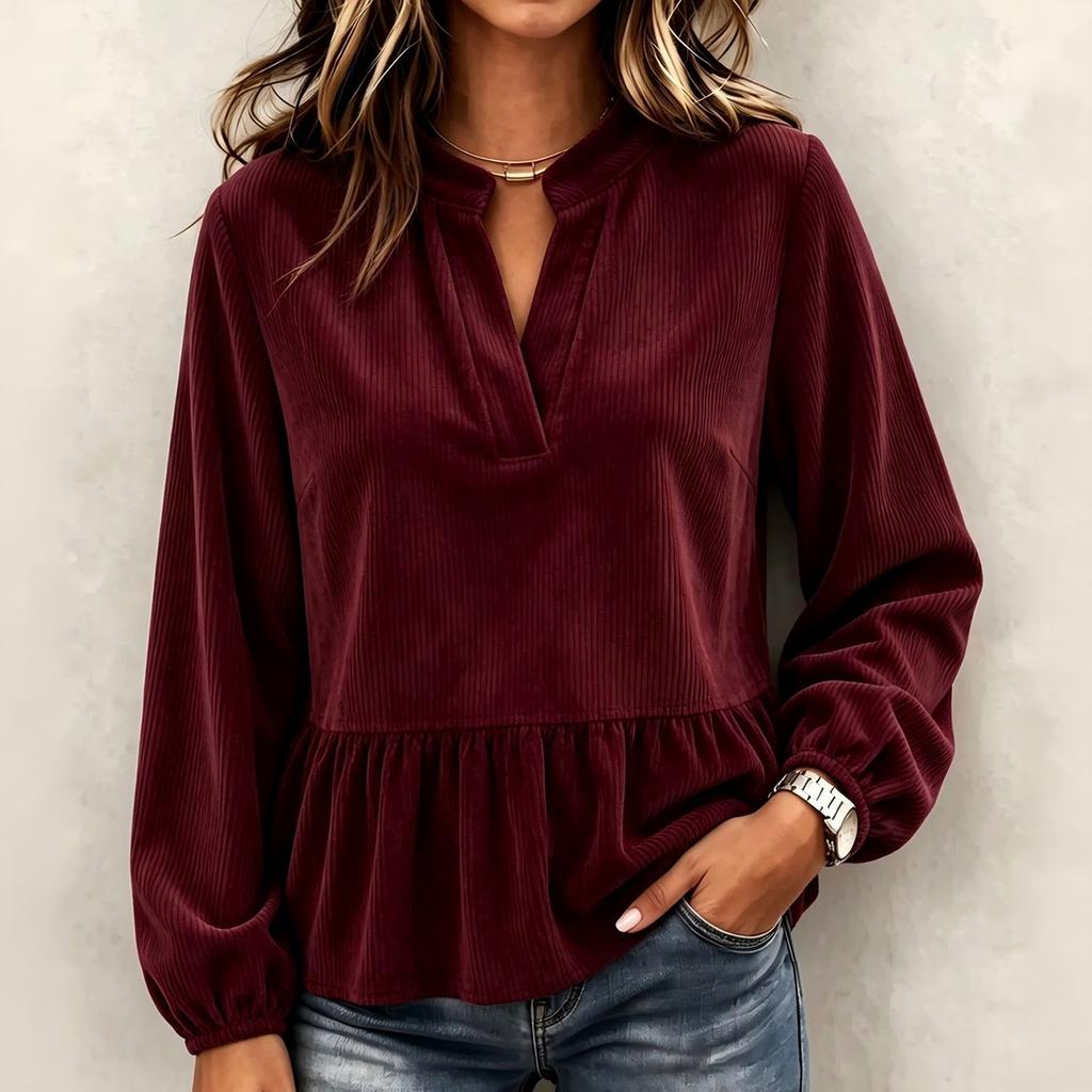 Women's Casual Corduroy V-Neck Ruffle Long Sleeve Top