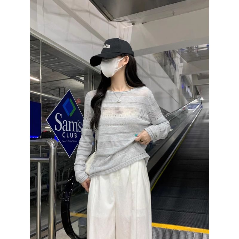 Stylish Thin Hollow Long Sleeves Knitwear Women's Early Autumn Loose Casual Black Blouse Loose Bottoming Tops