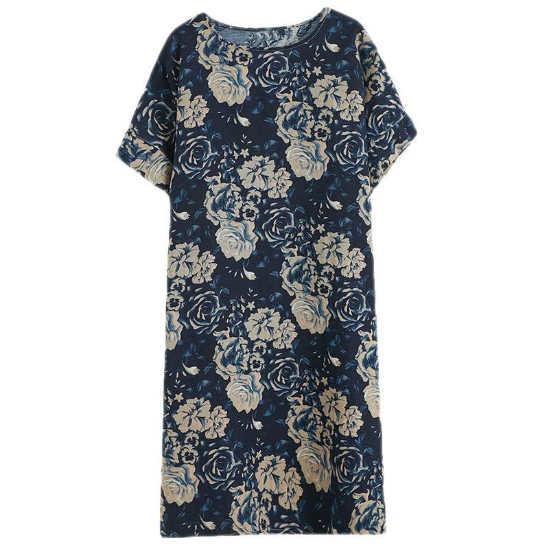 Large Size Loose Slimming Cotton Linen Chubby Girl Artistic Retro Short Sleeved Medium Long Dress Casual Dresses
