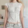 Camicia con Cintura Temperamentale Stile Palazzo Estivo Pizzo sul Petto Leggermente Pieghettata Monocolore Top Sexy da Donna Tessuto Traspirante