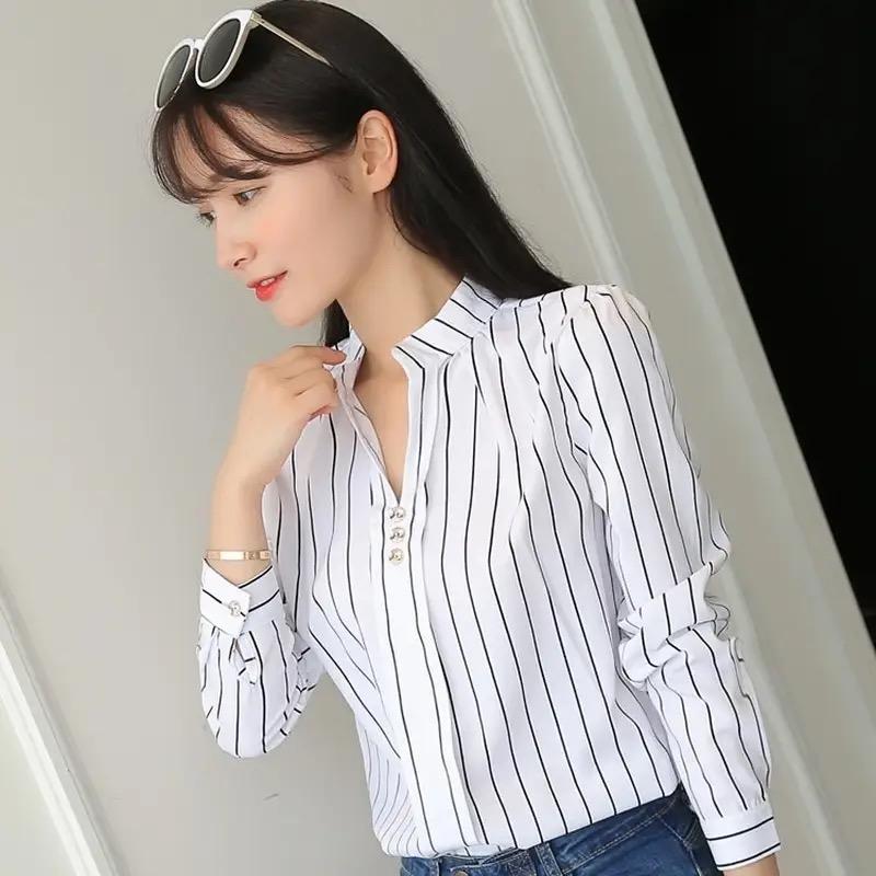 Women White Tops Blouses Fashion Stripe Print Casual Long Sleeve Office Lady OL Slim Shirts Plus Size