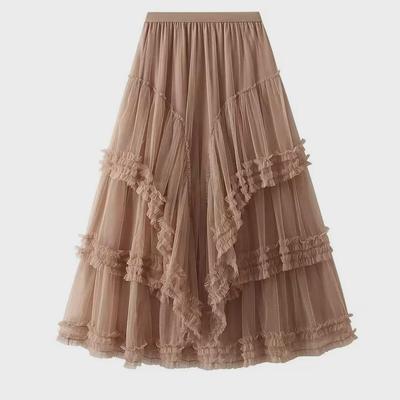 Saia Midi Elegante de Renda Tule Multicamadas